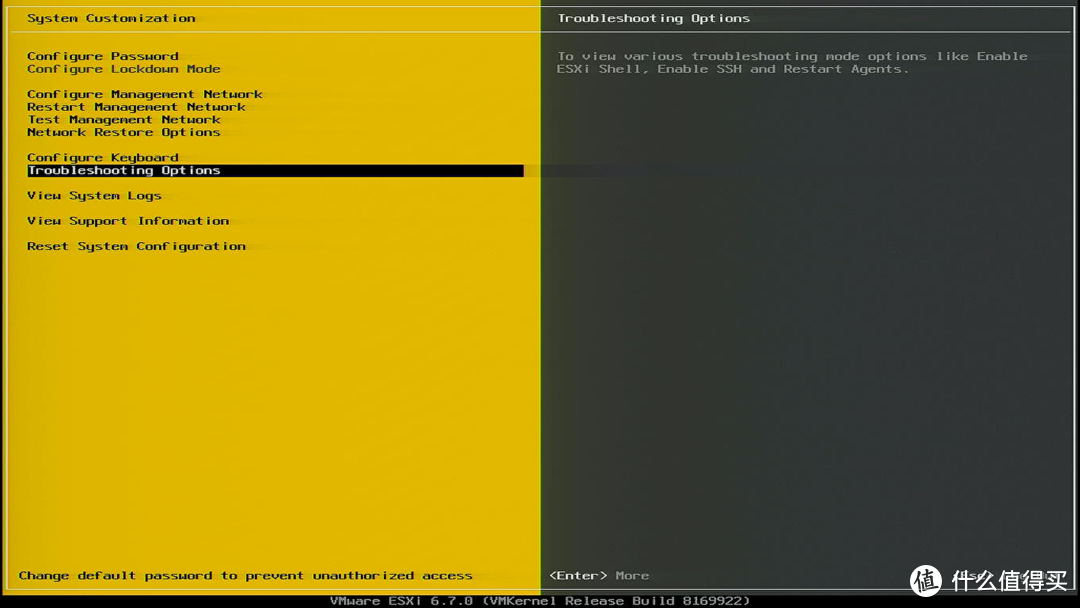 首先启动ESXi，选择Troubleshooting Options这一栏回车